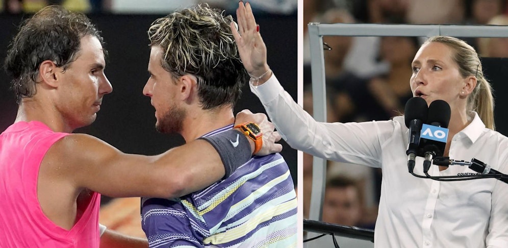 Rafael Nadal und Dominic Thiem. Rechts Schiedsrichterin Aurelie Tourte.