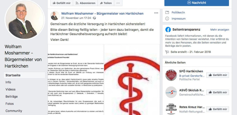 Bürgermeister Wolfram Moshammer sucht auf Facebook einen Gemeindearzt.