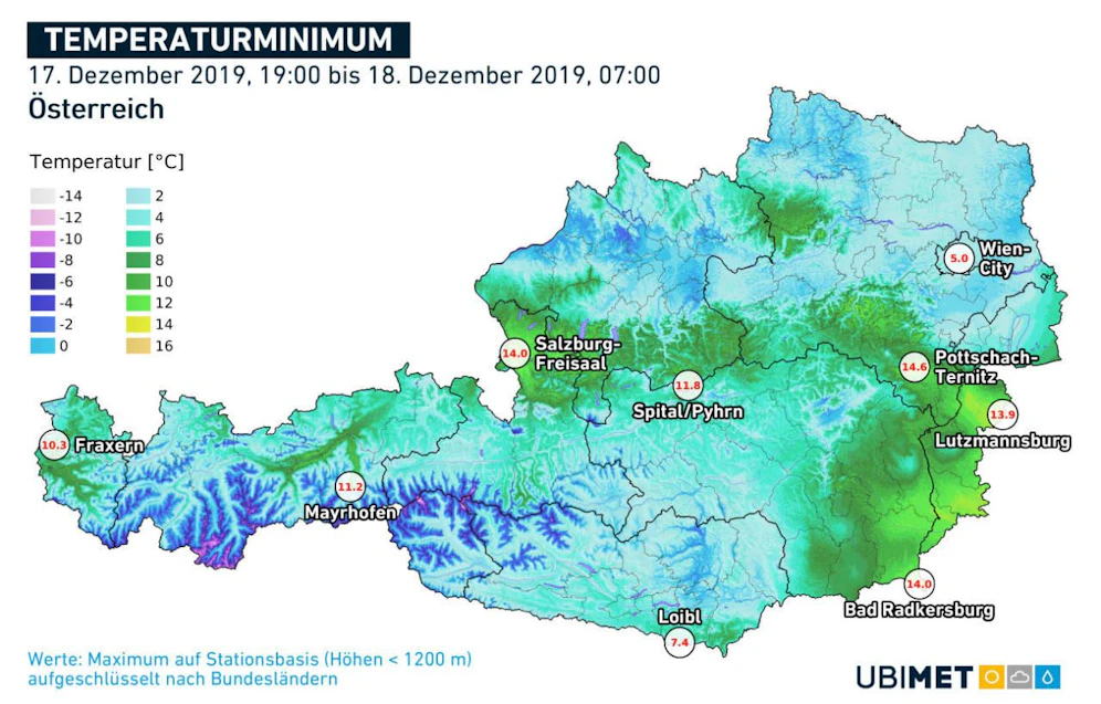 Das sind die Temperaturrekorde in der Nacht auf Mittwoch. (Ubimet)