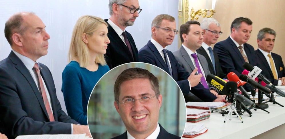 FP-Bürgermeister Rabl (Kreis) muss die Sparpläne des Landes (im Foto die Präsentation des Budgets) entschärfen. 