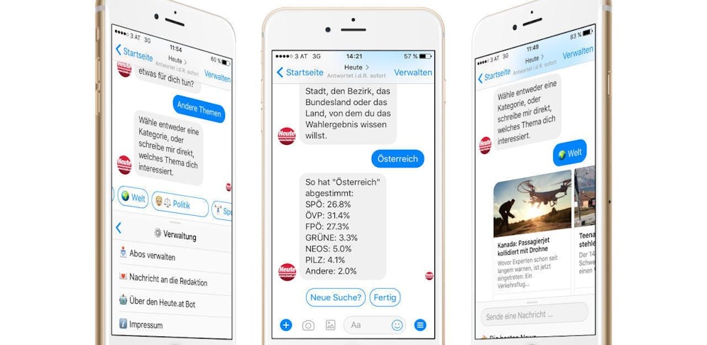 Der "Heute"-Chatbot verrät neben News, Wetter und Horoskop auch Infos wie das aktuelle Wahlergebnis.