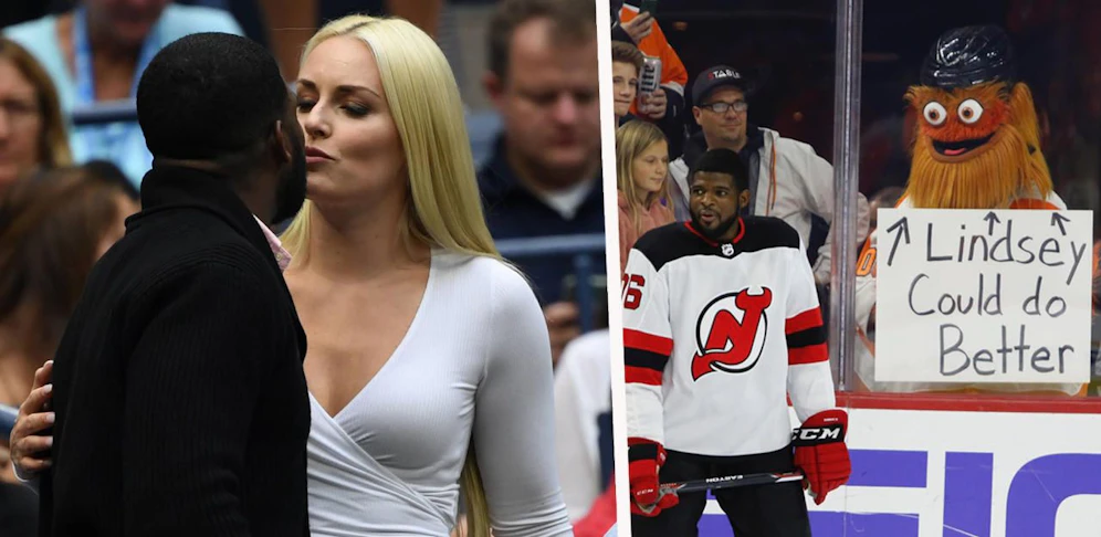 P.K. Subban mit seiner Verlobten Lindsey Vonn. Flyers-Maskottchen "Gritty" macht sich über den NHL-Star lustig.