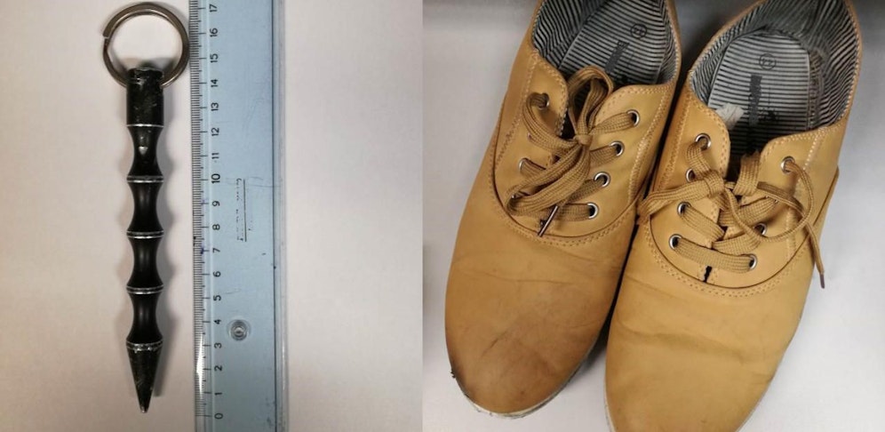 Kubotan (links im Bild) und Schuhe wurden sichergestellt.  