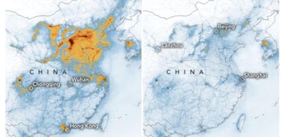 Eine Karte der NASA zeigt, die Luftverschmutzung in China hat abgenommen.