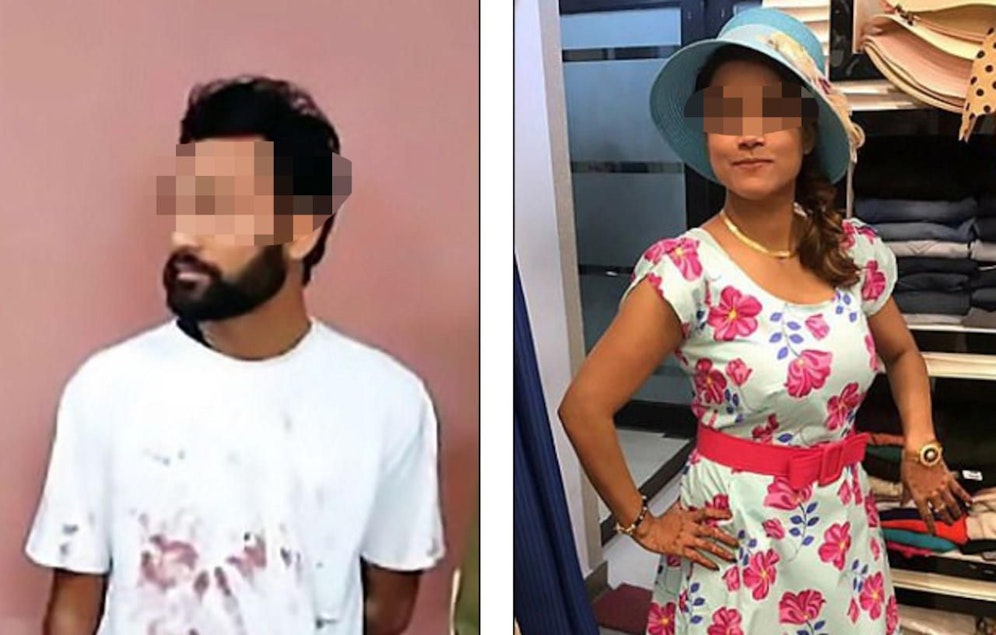 Gruseltat: Pritesh P. (30) köpfte seine Geliebte Jyoti Surjeet S. (25) mit einer Sichel. Mit blutigem Shirt wurde er verhaftet. 