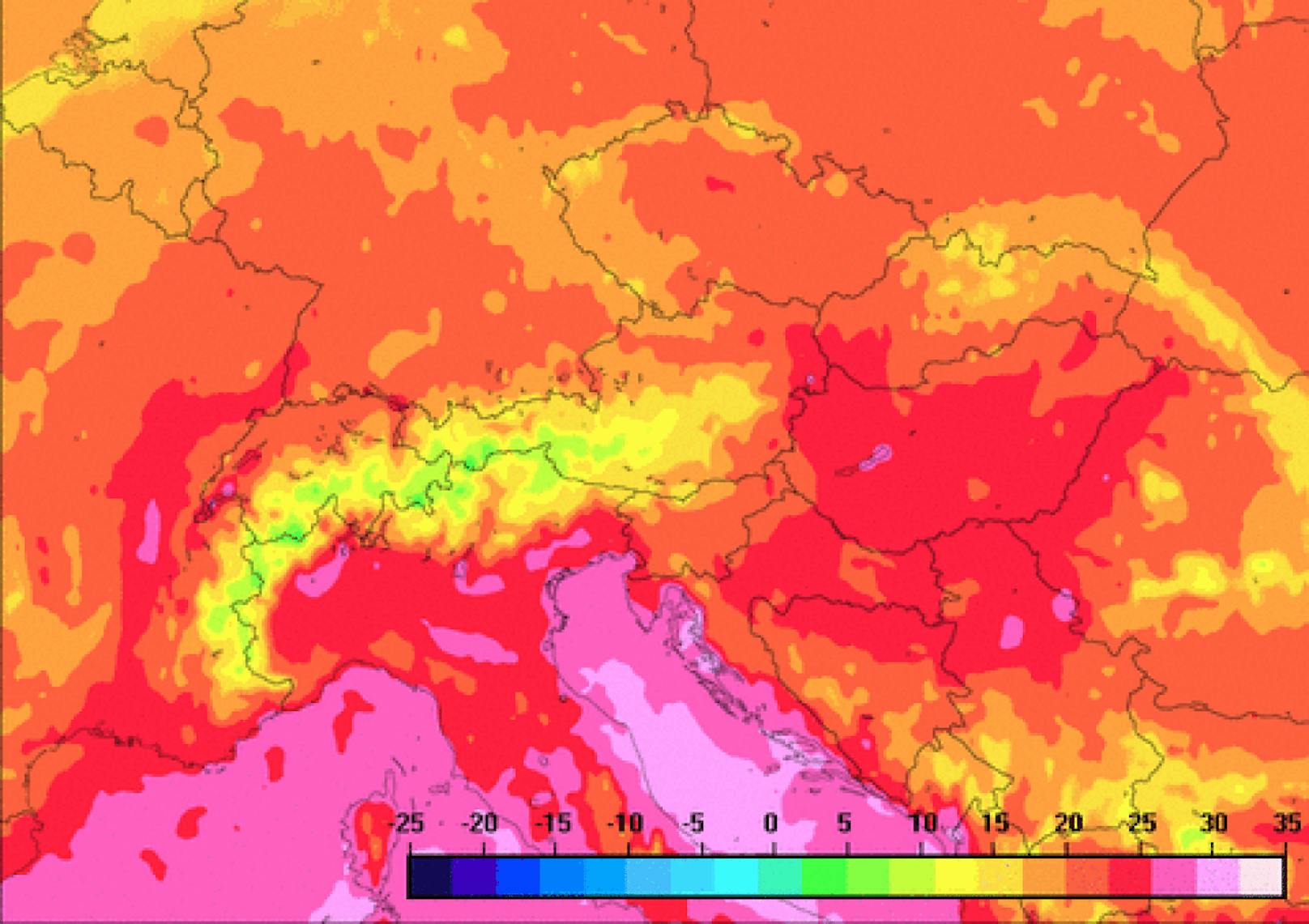 Die Wetterkarte der ZAMG zeigt deutlich, wie sich die Hitze im Verlauf des heutigen Tages ausbreitet. Besonders betroffen: das östliche Flachland.