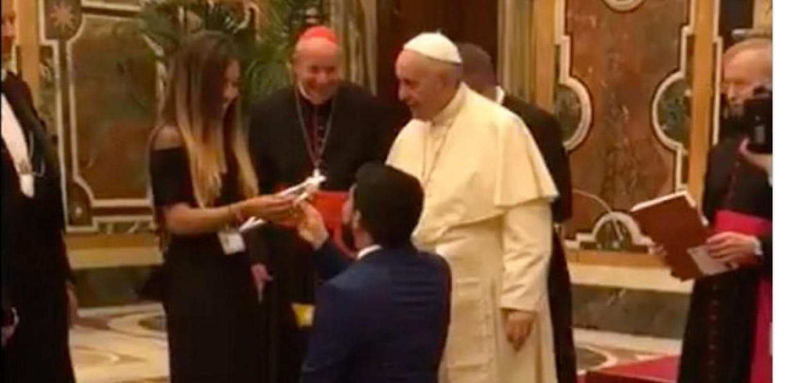 Vor den Augen des Papstes und Kardinal Christoph Schönborn kniete sich Dario Ramirez nieder und machte seiner Freundin einen Antrag. 