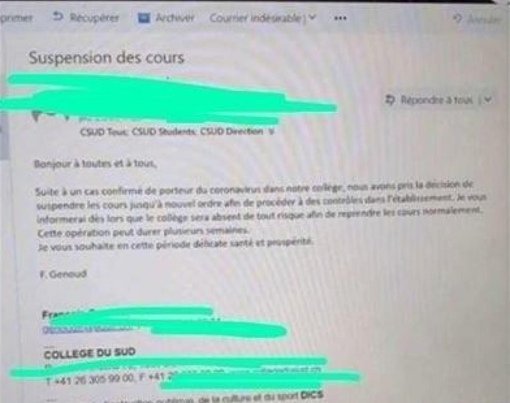 Das Corpus delicti: "Nach einem bestätigten Coronavirus-Fall in unserer Schule haben wir beschlossen, den Unterricht bis auf weiteres ausfallen zu lassen", heißt es darin auf Französisch.