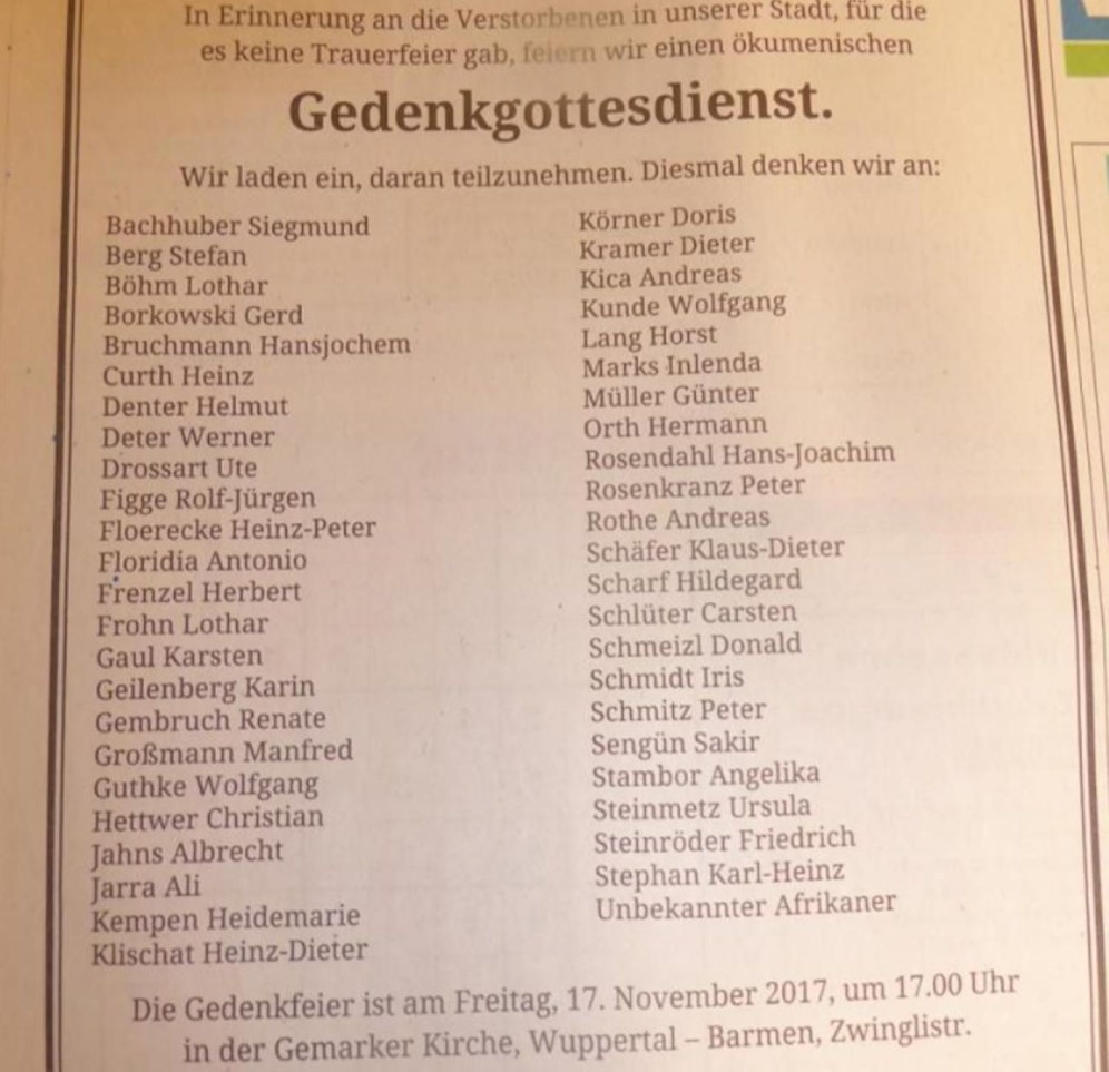 Die Gemeinde Wuppertal veranstaltet einen Gedenkgottesdienst für alle, um die niemand trauerte.