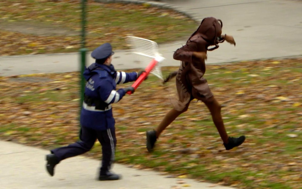 Ordnungshüter jagt Mistkäfer im Gemeindebau.