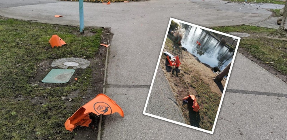 Zwei der gesprengten Mistkübel am Neujahrstag