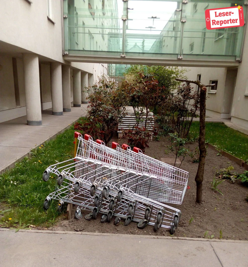 In Yasmins Wohnhaus in Wien-Donaustadt stapeln sich die illegal abgestellten Einkaufswagerln regelrecht,