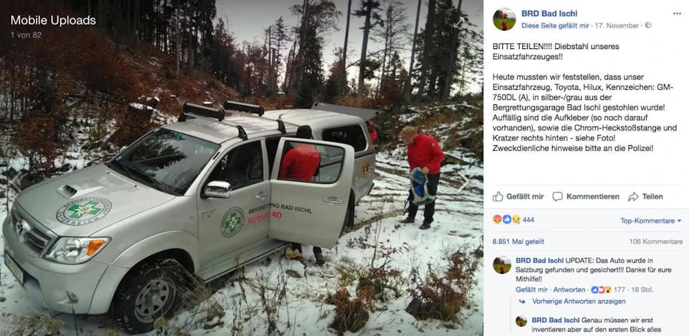 Die Einsatzfahrzeug der Bergrettung Bad Ischl wurde gestohlen und später in Salzburg gefunden.