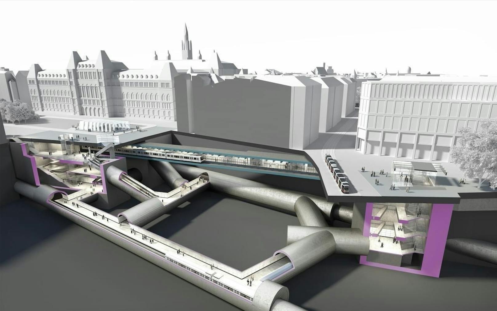 Die 3D-Visualisierung zeigt, wie die künftige U2/U5-Station Rathaus unterirdisch aussehen wird und wo man in Zukunft an die Oberfläche kommt. 