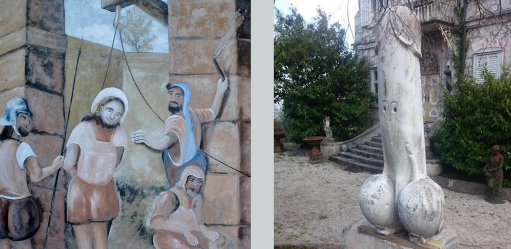 Der Riesen-Penis steht direkt an der zweiten Station (li. Foto) des Traunkirchener Kreuzweges.