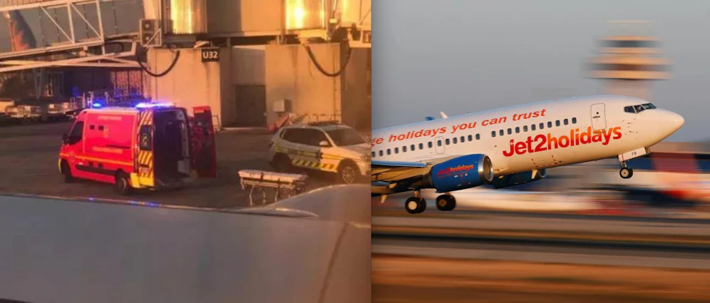 Trotz Notlandung in Toulouse und Notärzte (li.) kam für den Briten an Bord des "Jet2"-Fliegers jede Hilfe zu spät. 