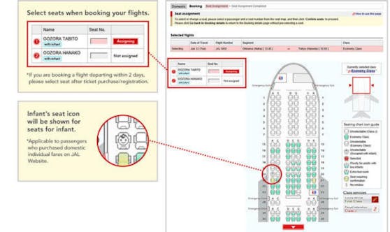 Beim Online-Checkin können Fluggäste bei Japan Airlines sehen, wo sich im Flugzeug Kinder befinden.