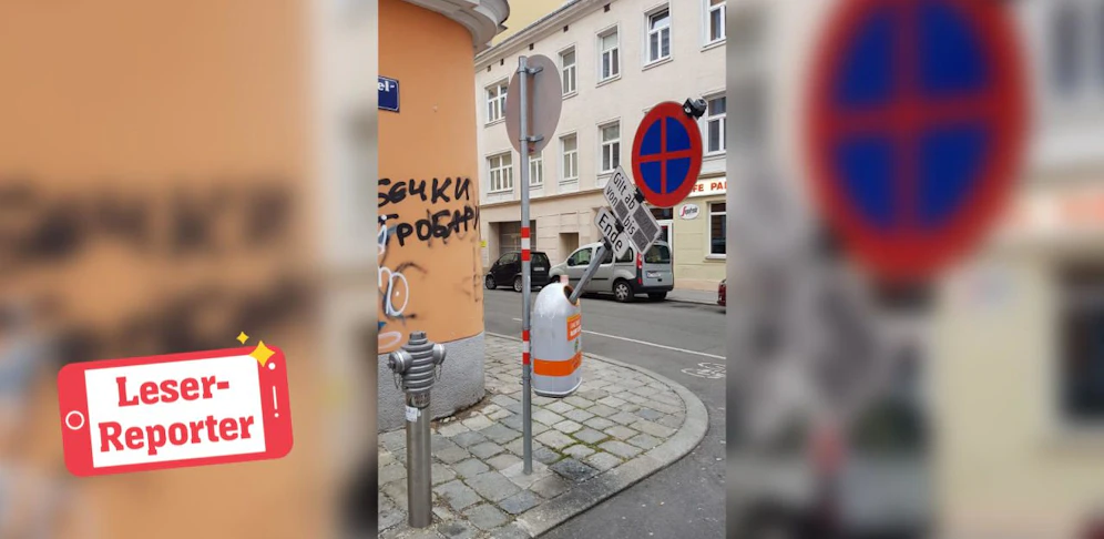 Das Schild steckte am Sonntag zu Mittag im Mistkübel.