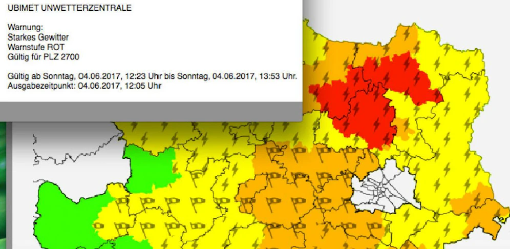 Akutelle Unwetterwarnung für Wiener Neustadt. 