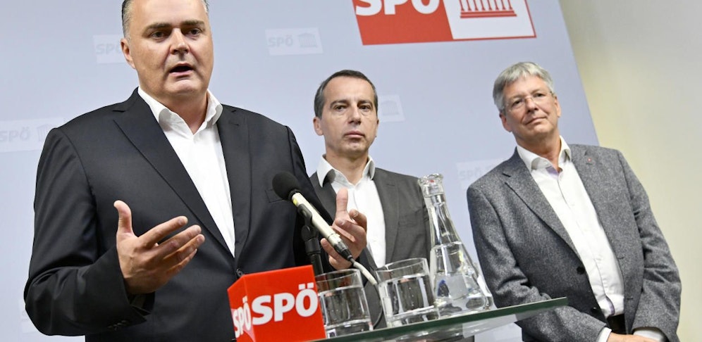 Hans Peter Doskozil, Christian Kern und Peter Kaiser bei der PK der SPÖ zum "12-Stunden-Tag und 60-Stunden-Woche".