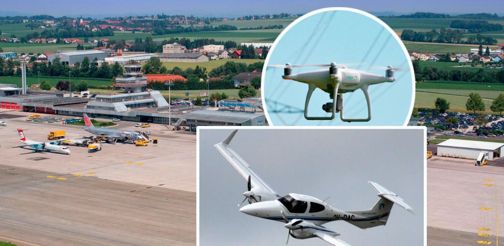Am Flughafen Linz kollidierte ein Kleinflugzeug des Typs DA-42 fast mit einer Drohne.