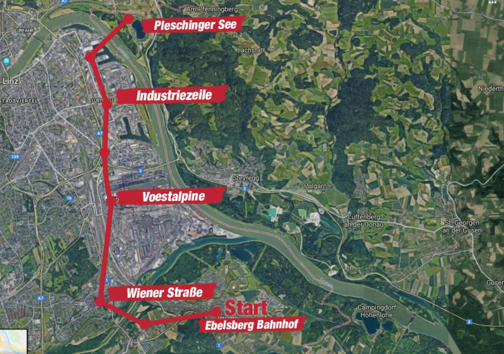 So konnte die Linienführung der Linzer City-Seilbahn aussehen.