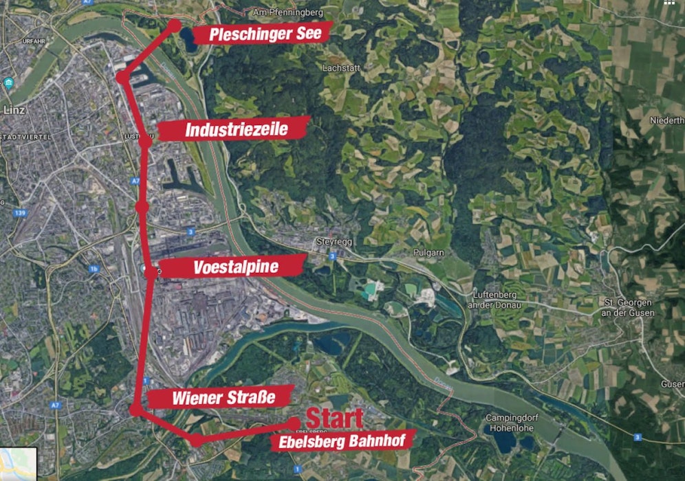 So konnte die Linienführung der Linzer City-Seilbahn aussehen.