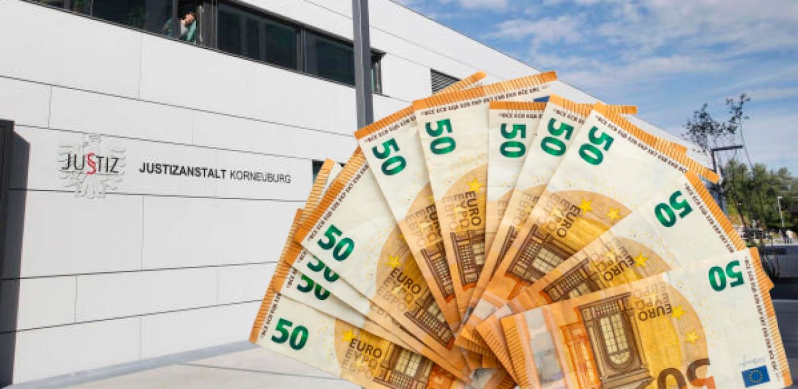 Symbolfoto von 50-Euro-Scheinen und die JA Korneuburg im Hintergrund.