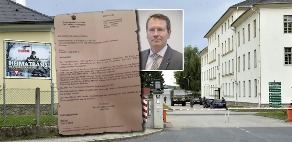 Der Generalsekreätr im Verteidigungsministerium lässt ein Portrait von sich in allen Dienststellen und Kasernen neben den Generalstabschef und den Bundespräsidenten hängen.