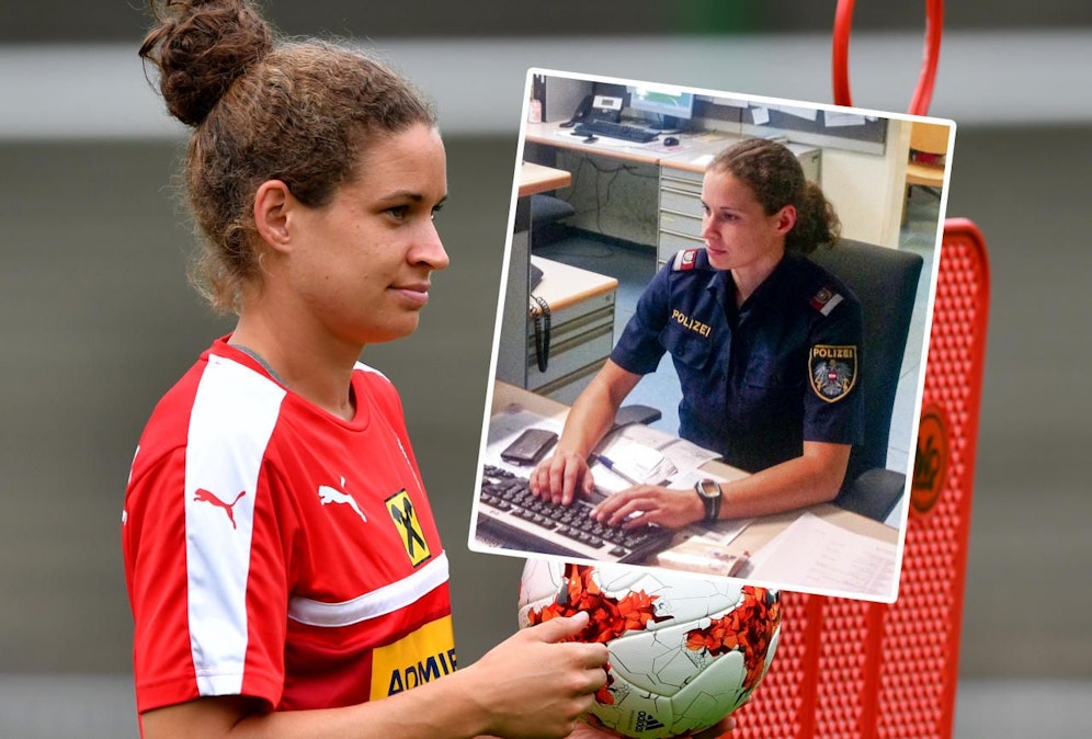 Nina Burger als ÖFB-Torjägerin (li.) und als Revierinspektorin.
