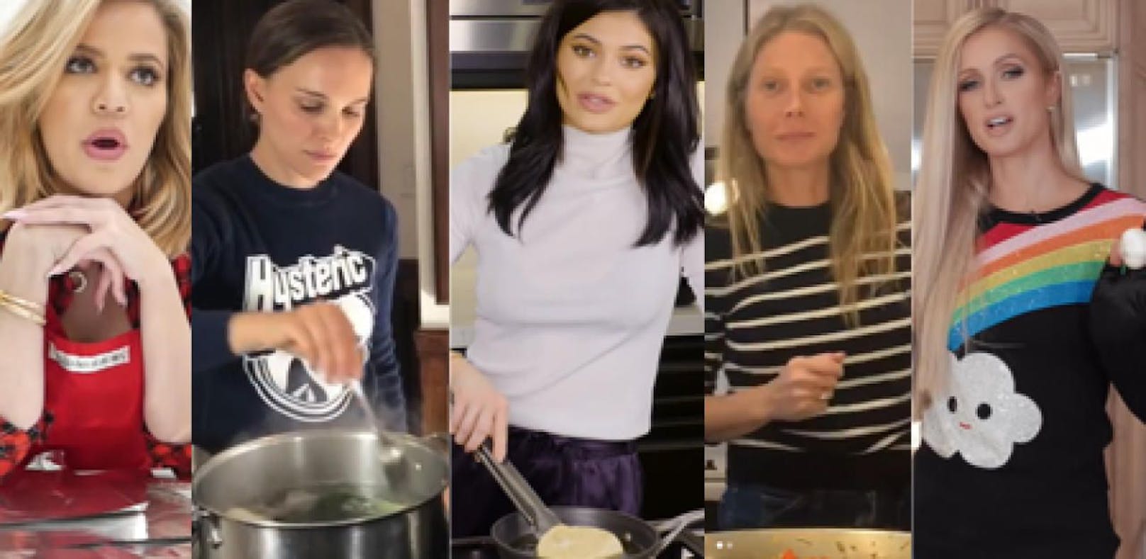 Stars kochen: V.l.n.r.: Khloe Kardashian, Natalie Portman, Kylie Jenner, Gwyneth Paltrow, Paris Hilton
