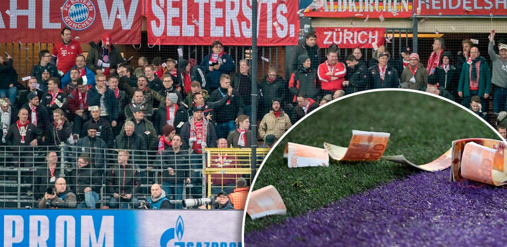 Als Protest gegen die hohe Eintrittspreise ließen die Bayern-Fans in Anderlecht (Falsch-)Geld fliegen. 