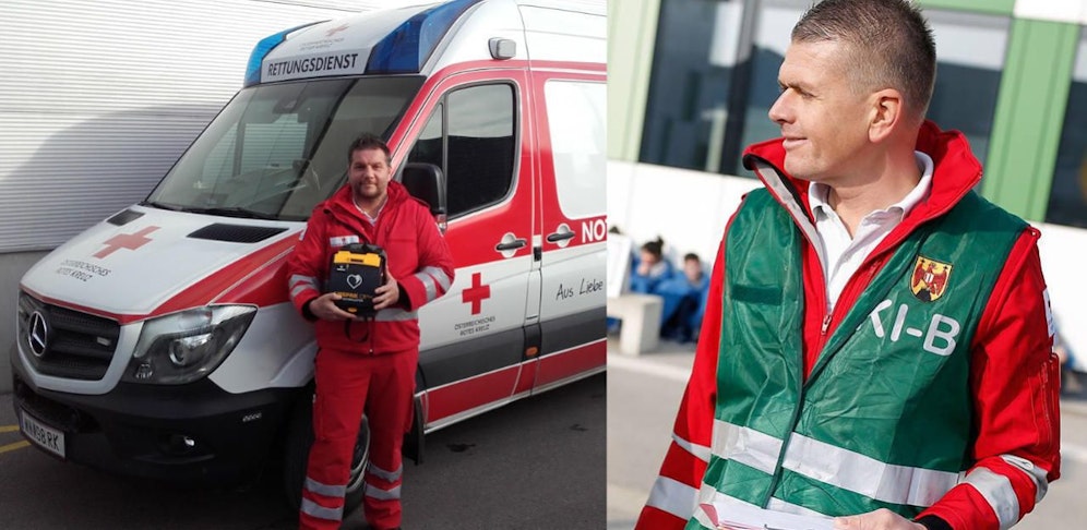 Christian Schibig vom Roten Kreuz Wr. Neustadt übernahm, Martin Trimmel (r.) war zufällig vor Ort und reanimierte.