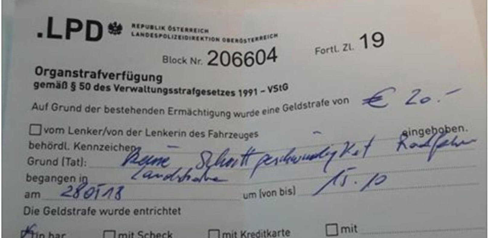 Auf Landstraße zu schnell geradelt – Strafzettel – Österreich
