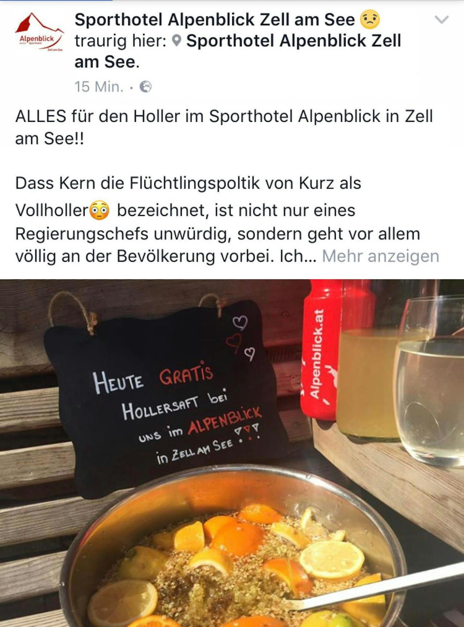 Sporthotel Alpenblick schenkt nach Kern-Sager gratis Hollersaft aus