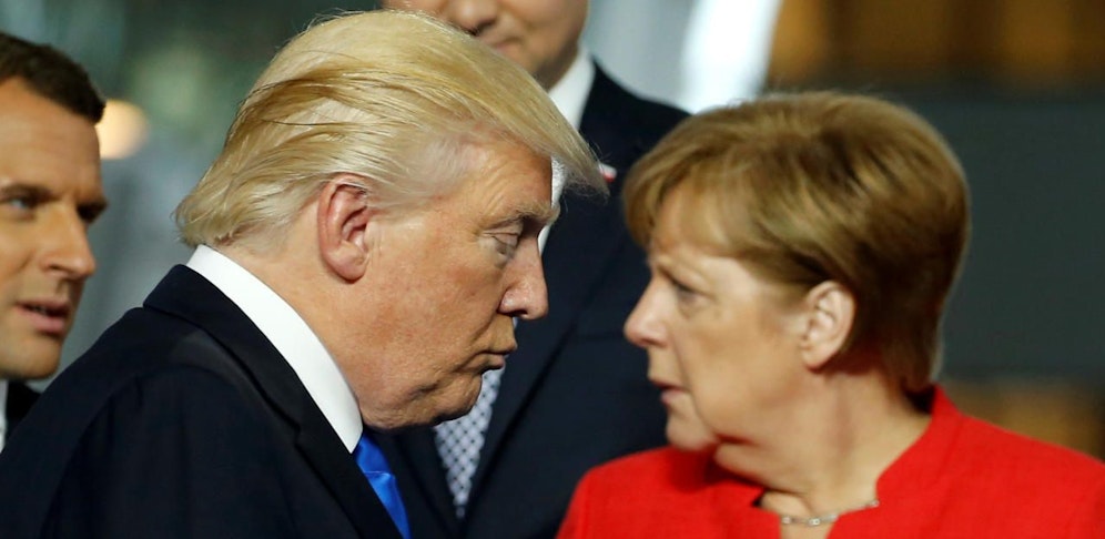 U.S. President Donald Trump mit dem französischen Präsidenten Emmanuel Macron und der deutschen Bundeskanzlerin Angela Merkel.
