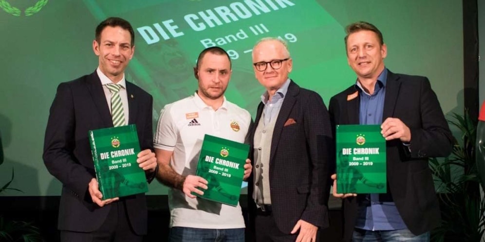 Präsentation der Rapid-Chronik: Christoph Peschek, Steffen Hofmann, Andy Marek und Zoran Barisic (v.l.n.r.)