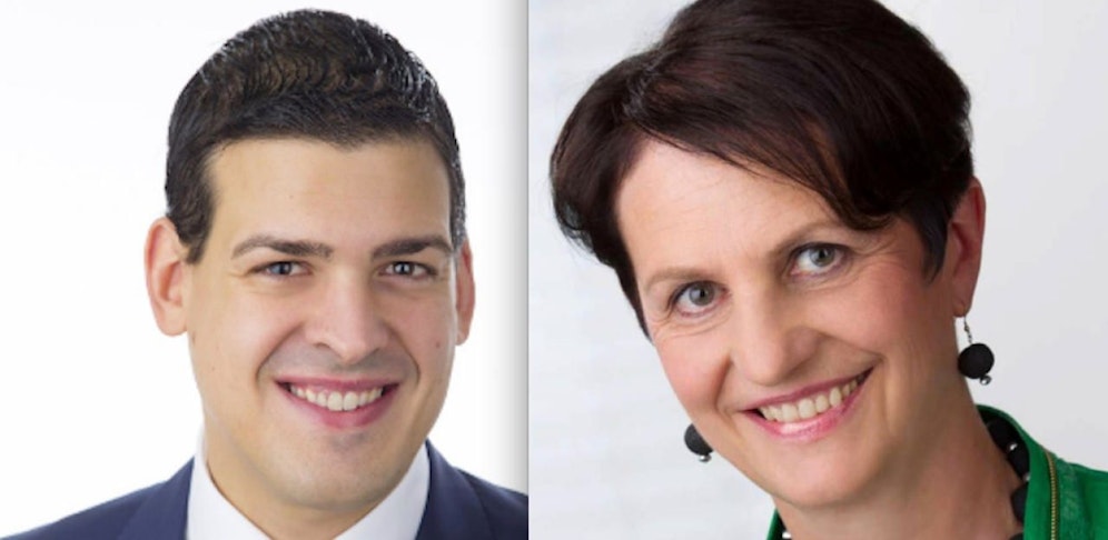 VP-Bürgermeisterin Anna Steindl (r.) und Dominic Litzka (l.) von "Team Wolkersdorf - Die Volkspartei"