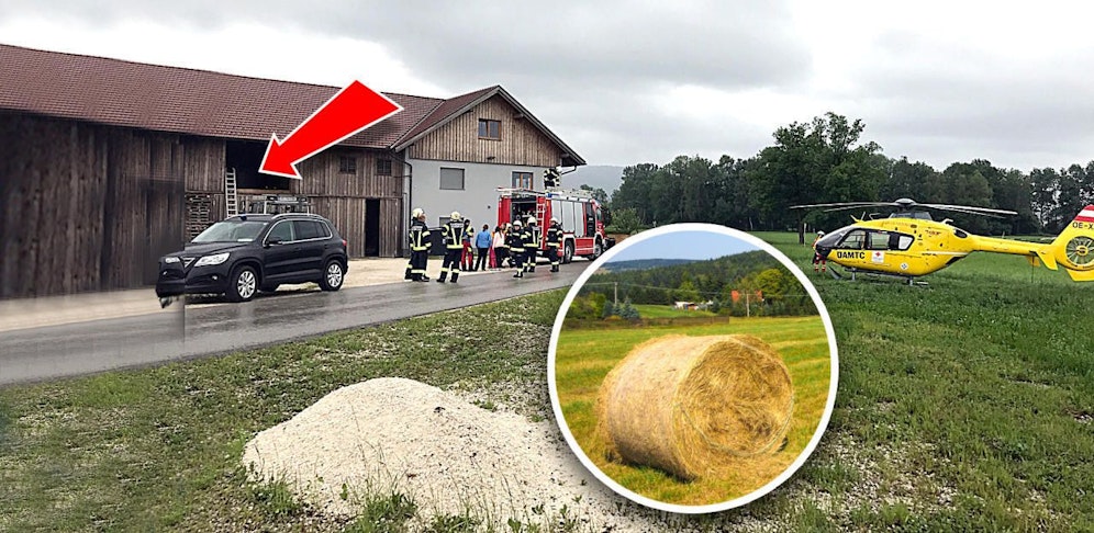 Die Feuerwehr transportierte den Schwerverletzten aus der Heubodenluke (Pfeil) über eine Leiter auf die Straße.