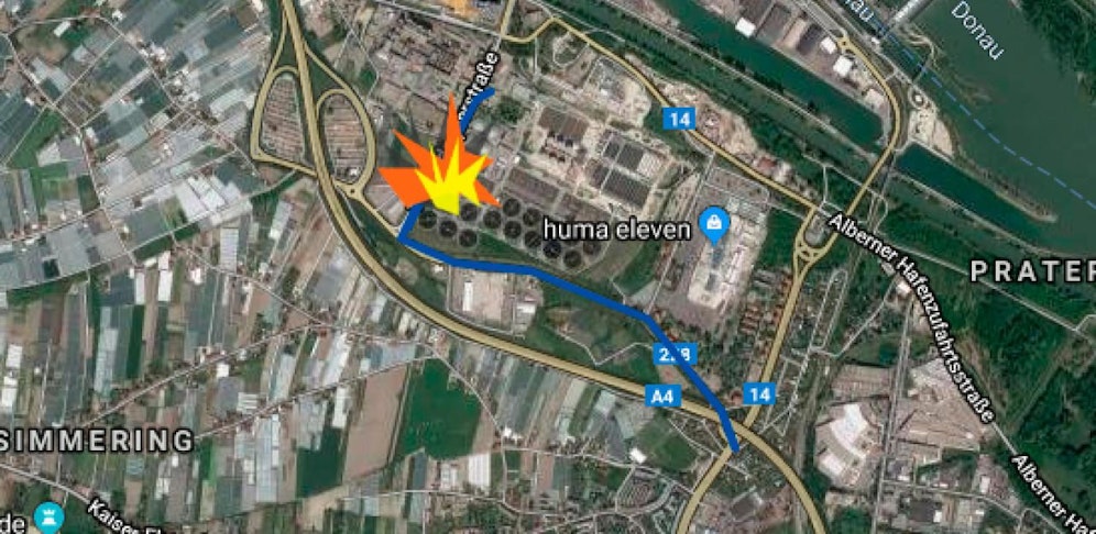 Die Route der nächtlichen Verfolgungsjagd durch Wien-Simmering. Im letzten Abschnitt gaben Beamte mehrere Schreckschüsse ab.