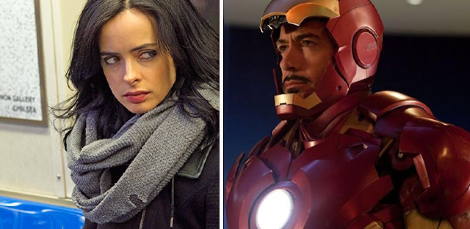 Krysten Ritter als Jessica Jones und Robert Downey Jr. als Iron Man