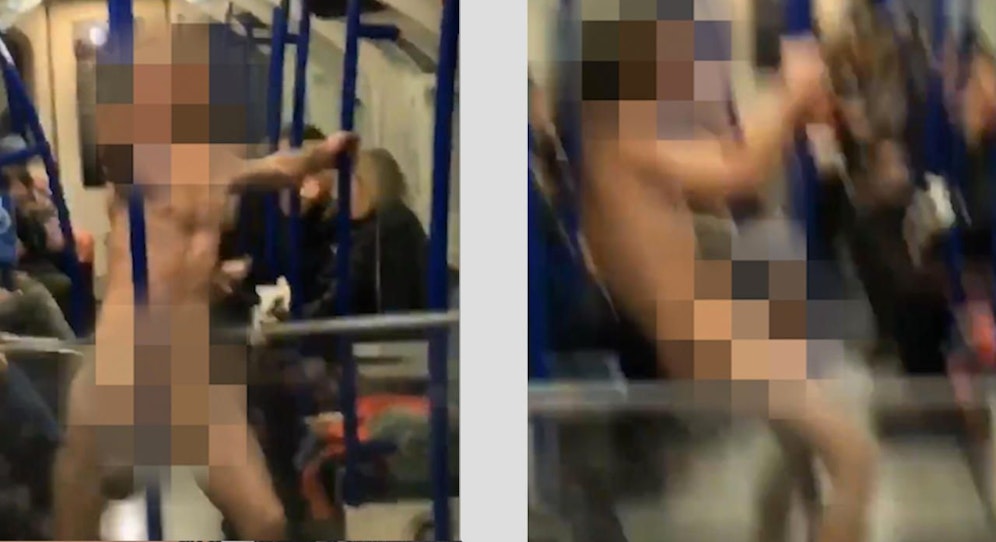 Hoch das Bein: Der Nackte vollführt in der Londoner U-Bahn einen Poledance an den Haltestangen. 