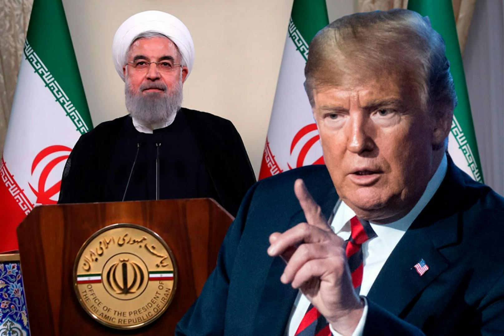 US-Präsident Donald Trump (r.) und Irans Staatschef Hassan Rohani. &quot;heute.at&quot;-Montage
