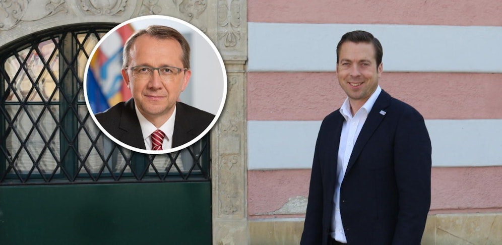 Otzelberger vor dem Rathaus, Stadler im kleinen Foto.