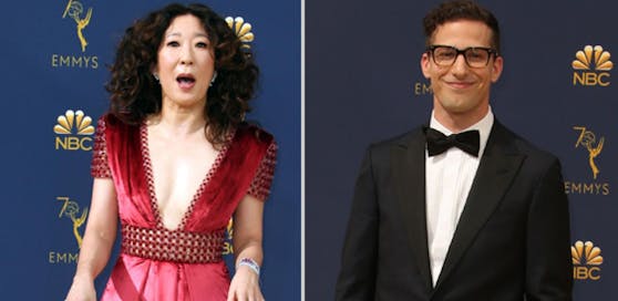 Sandra Oh und Andy Samberg (hier bei den Emmys 2017) werden die Verleihung der Golden Globes 2019 moderieren. 