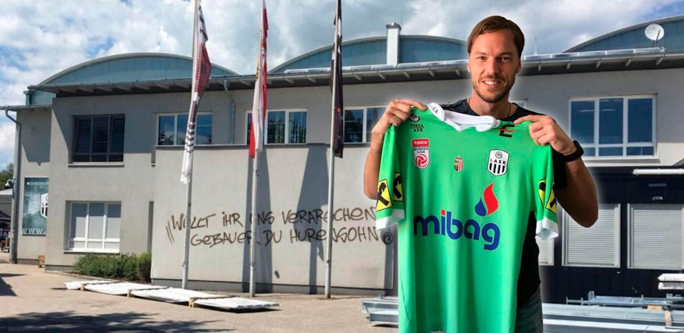 Unbekannte beschmierten die Fassade des LASK-Stadions. Dabei wurde Neuzugang Thomas Gebauer übel beschimpft.  