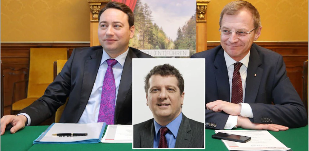 Christian Makor (kl. Foto) kritisiert die Sparpläne von LH Thomas Stelzer (re.) und LH-Vize Manfred Haimbuchner (li.).