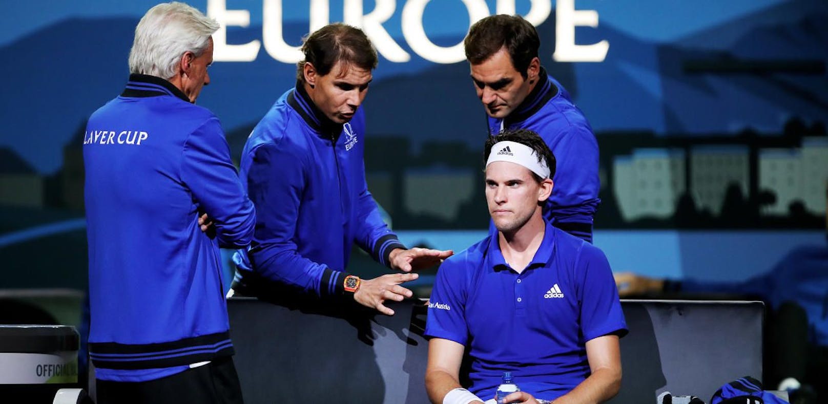Björn Borg, Rafael Nadal, Dominic Thiem und Roger Federer