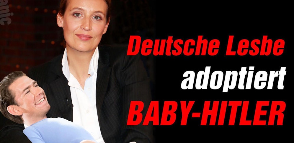 Das Satiremagazin "Titanic" legt nach und zeigt diesmal "Baby-Hitler" (Sebastian Kurz) in den Armen der lesbischen AfD-Politikerin Alice Weidel.