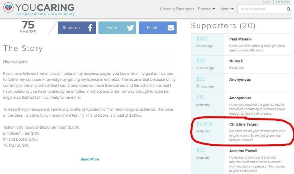 Model Chrissy Teigen spendet 5.605 US-Dollar, damit sich eine Schülerin die Ausbildung zur Kosmetikerin leisten kann. 